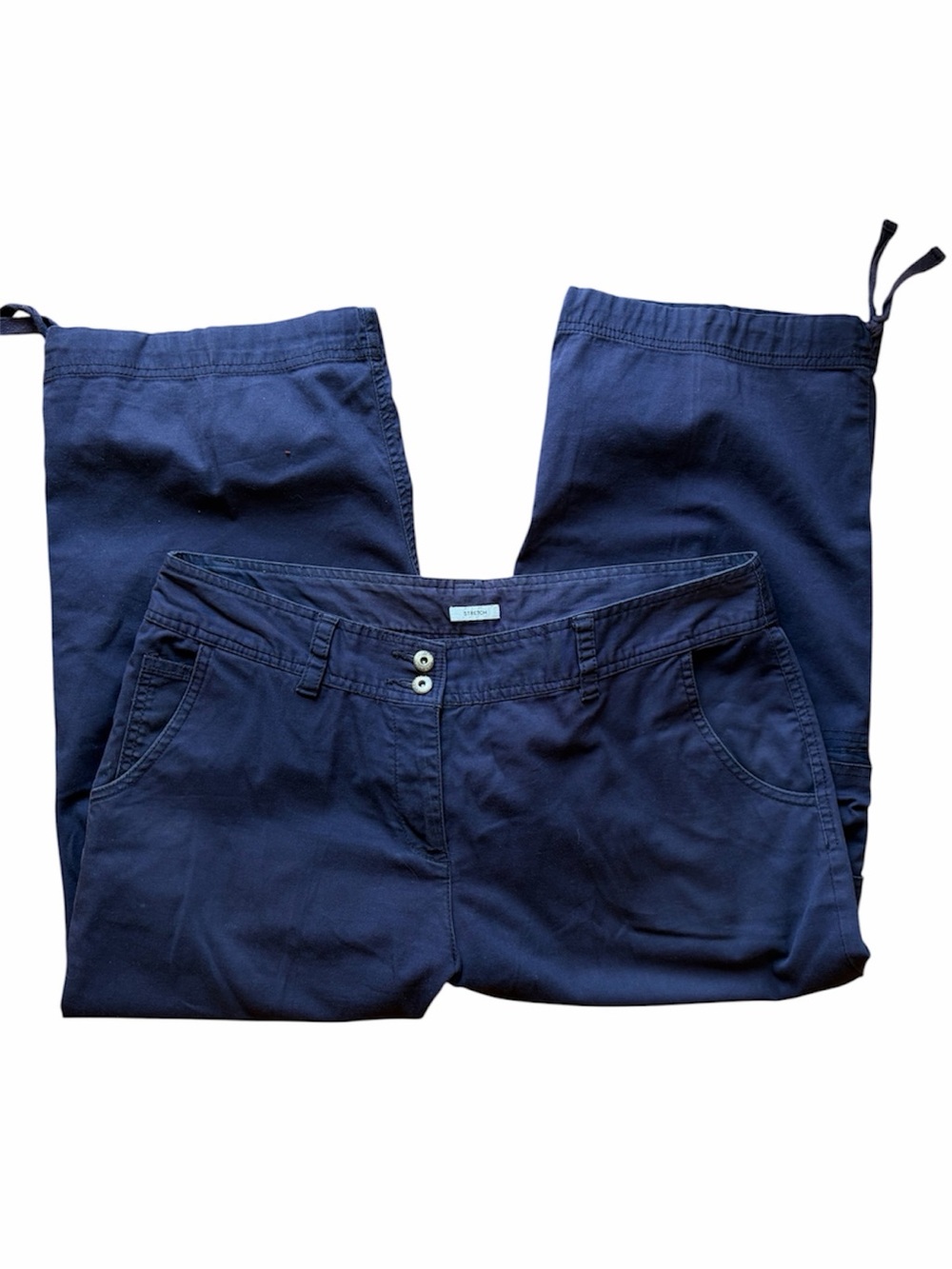 Liz Claiborne Navy Cropped Capri Pants Coastal Drawstring Hem Utility Casual Str